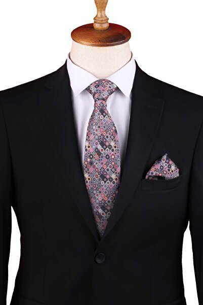 Kravatkolik Gray - Multicolored Motif Pattern Printed Classic Handkerchief Tie Kk13338