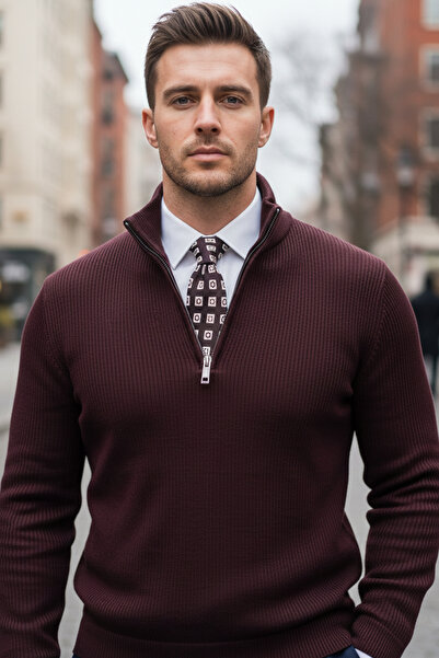 NAZEF Slim Fit Zippered High Neck Corded Fabric Cotton Burgundy Sweater