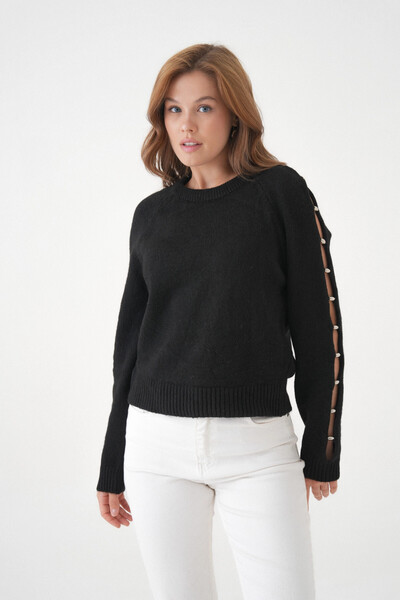 Park Karon Women's Crew Neck Sleeves Bead Detail Soft Textured Knitwear Sweater