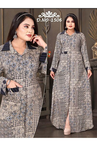 Zainah Stylish Geometric Print Jallabiya Maxi Dress | Contrasting Shirt Collar Long Sleeve with Pocket