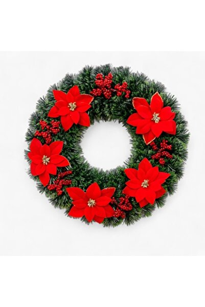 Fabrilux Christmas Decorative Wreath 30 cm with Artificial Pine and Red/Gold Poinsettia -