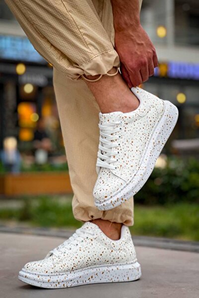 Lucy Shoes Yg-X500 Men's Lace-Up Casual Leather Sneaker Shoes Cbt - White/Gold