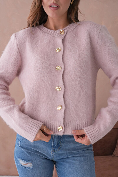 Park Karon Women's Crew Neck Button Detailed Soft Textured Fleece-Lined Knitwear Jacket