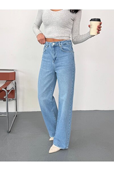 Zeo Basic Дамски дънки с висока талия и широки крачоли, с измиване със сини к...