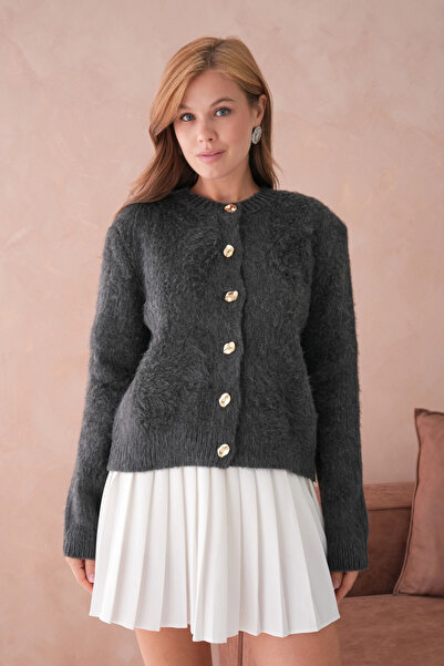 Park Karon Women's Crew Neck Button Detailed Soft Textured Fleece-Lined Knitwear Jacket