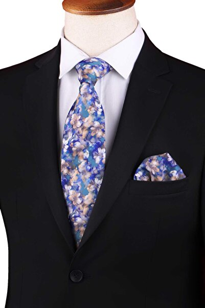 Kravatkolik Blue - Yellow Floral Pattern Printed Pocket Square Classic Tie Kk13359