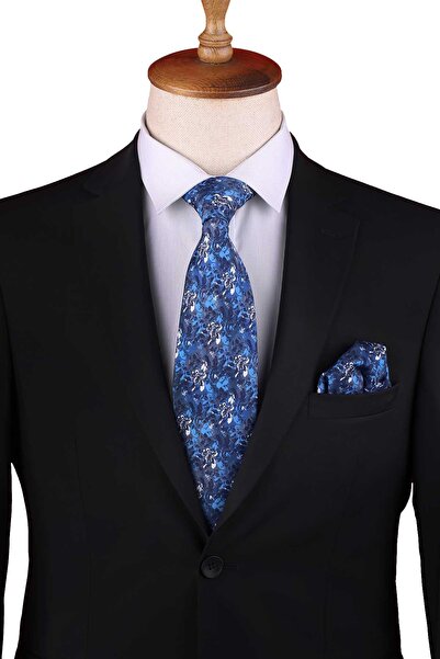 Kravatkolik Blue - Navy Blue Floral Pattern Printed Pocket Square Classic Tie Kk13342