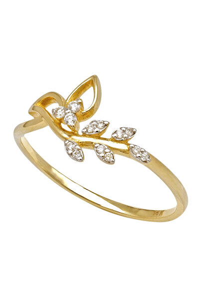 Gold 14K Gold Ring with Diamonds Arranged in a Leaf Shape