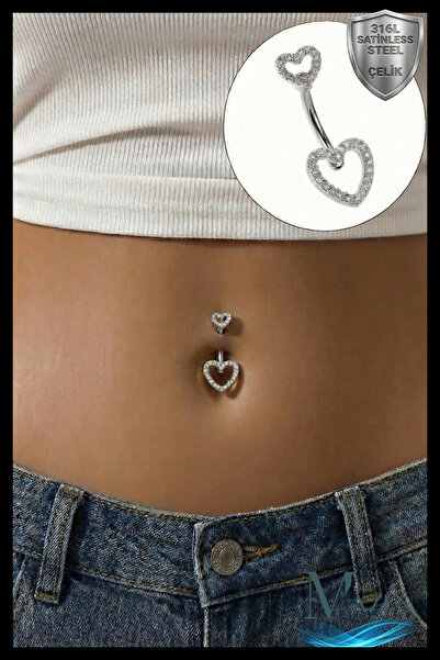 MAZEN 316L Cerrahi Çelik Zirkon Taşlı Çift Kalp Figürlü Göbek Piercingi