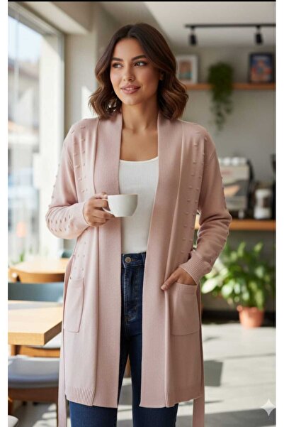 güncüoğlu Long Sleeve Cardigan with Belt, Front Patterned, Length 85cm, Knitw...