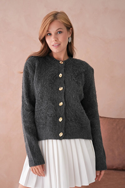 Park Karon Women's Crew Neck Button Detailed Soft Textured Fleece-Lined Knitwear Jacket