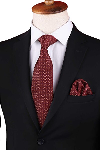 Kravatkolik Burgundy - Yellow Polka Dot Pattern Printed Pocket Square Classic Tie Kk13345