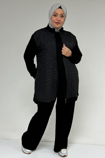 Eslina 57304 Plus Size Jacketed Modal-Quilted Three-Piece Set - Black-Black