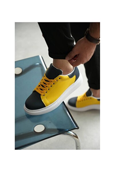 Lucy Shoes Yg-1907 Men's Lace-Up Casual Leather Fan Shoes Cbt - Yellow/Navy Blue