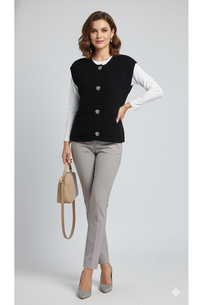 H&A İSTANBUL Knitted Sweater Vest |   Stylish and Warm Women's Knit Vest with Buttons and Pocket Detail