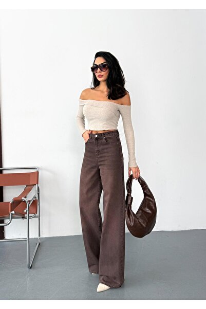 Zeo Basic Women's Brown Grinding Baggy Jean High Waist Wide Leg Jeans