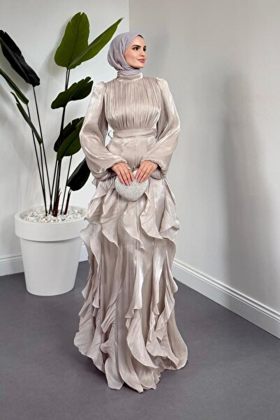 MERVEN AKYÜZ Noveline Eteği Fırfırlı Jan Jan Abiye Taş