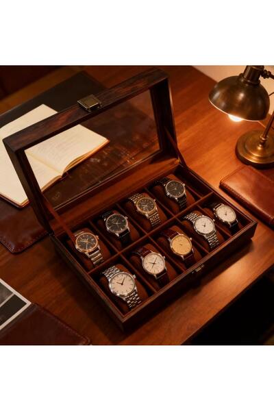 zyc Premium 10 Yuvalı Lüks Deri Cam Kapaklı Şık Tasarıma Sahip Saat Saklama K...