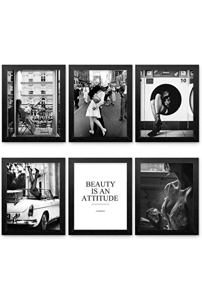 ALAYRA International مجموعة من 6 لوحات فنية جدارية عتيقة بإطار أبيض وأسود - م...