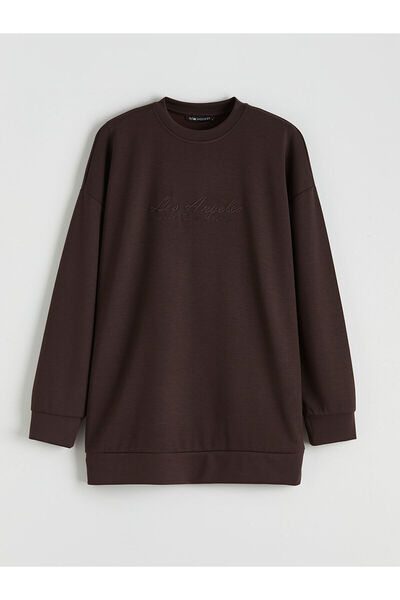 LC Waikiki Kahverengi Los Angeles Nakışlı Kadın Sweatshirt Tunik