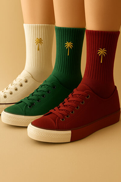 AYDK Unisex Minimal Embroidered Socks Set of 3 – White Burgundy Green / Black White Coffee Color Options