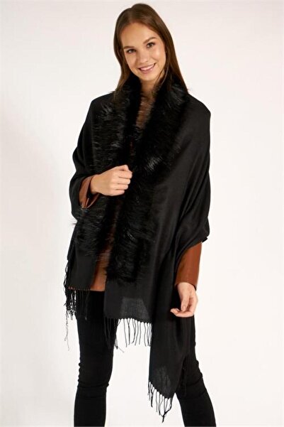 Neşeli Butik Women Fur Collar Tassels Shawl Poncho Nbaks039