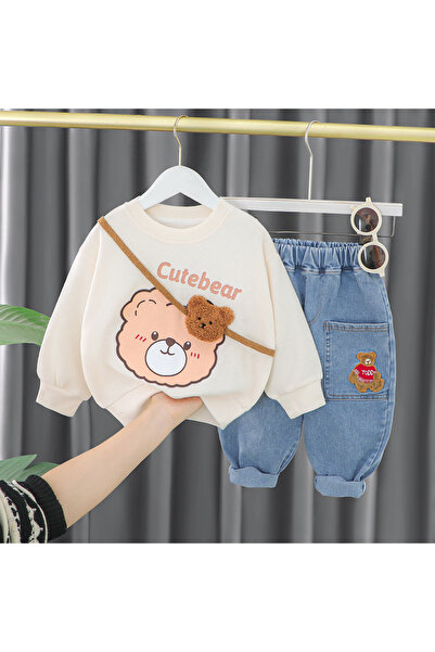 nannie Cute Bear Cream Blouse and Blue Pants Set - 2-3 years