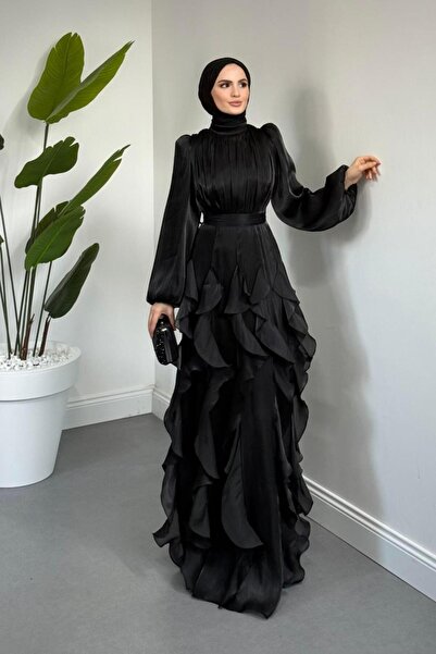 MERVEN AKYÜZ Noveline Eteği Fırfırlı Jan Jan Abiye Siyah