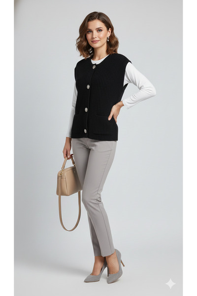 H&A İSTANBUL Knitted Sweater Vest |   Stylish and Warm Women's Knit Vest with Buttons and Pocket Detail