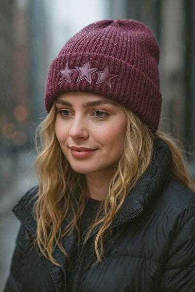 FELLMENS Beretă pentru femei din piele împletită burgundă cu broderie de stele