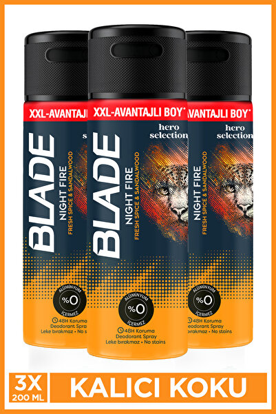 Blade Night Fire Erkek Alüminyumsuz Deodorant 3x200 Ml Hızlı Kurur, Leke Bırakmaz