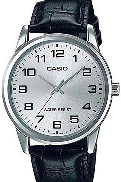Casio watch with logo on dial and leather strap, Black