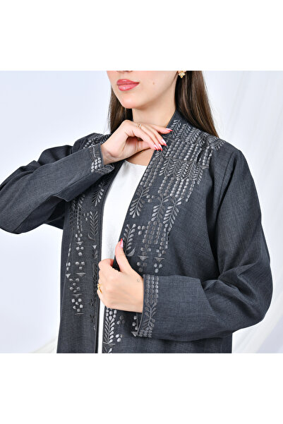 HAWRAA ABAYA Elegant abaya with a quarter-circle cut, offering a sophisticated flow with prominent embroidery on the front and sleeves | Dark gray