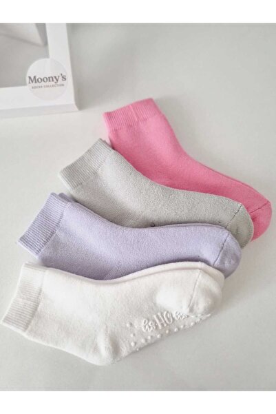 Moonys Socks Collection Girl's Plain Terry Socks Set - 4-Piece with Non-Slip Soles