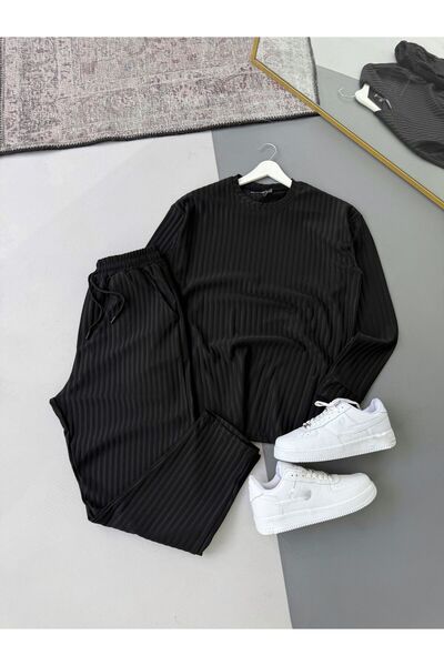 Combineman35 Men's Vertical Striped Stretch Fabric Ottoman Black Sweatshirt Black Trousers 2-Piece Set