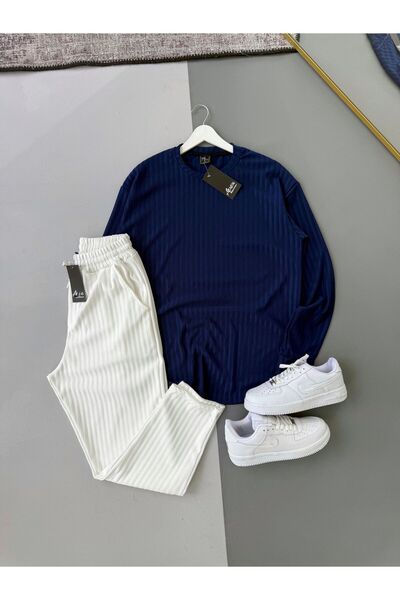 Combineman35 Men's Vertical Striped Stretch Fabric Ottoman Navy Blue Sweatshirt White Trousers 2-Piece Set