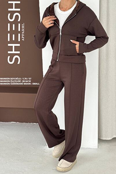 SHEESH APPAREL Soft Textured Brown Modal Suit Bottom Palazzo Top Zippered Crop Sweatshirt Hoodie