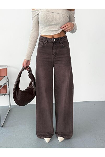Zeo Basic Dámské hnědé džíny Baggy Jean s vysokým pasem a širokými nohavicemi