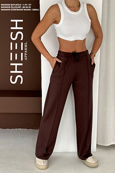 SHEESH APPAREL Φούτερ με απαλή υφή καφέ φαρδύ πόδι Modal Çimalı παντελόνι palazzo