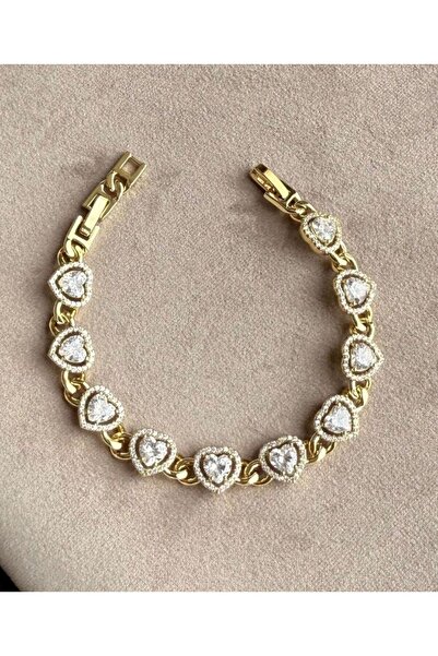 Haziran Aksesuar Taşlı Kalp Figür, 14K & Xuping XP Damgalı, Gold Kadın Bilekl...