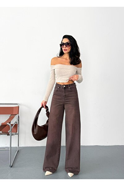 Zeo Basic Women's Brown Grinding Baggy Jean High Waist Wide Leg Jeans