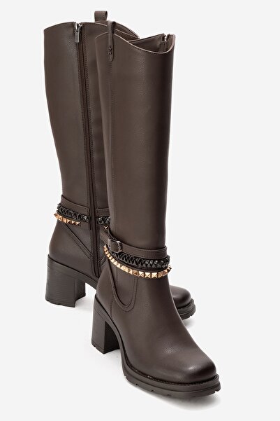 LuviShoes Viorra Brown Leather Strap Women's Thick Heeled Boots