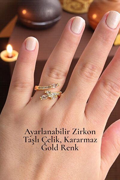 NBS Beautiful Naturel Stones خاتم من الفولاذ الذهبي قابل للتعديل مرصع بحجر الزركون، لون ذهبي لا يتأكسد