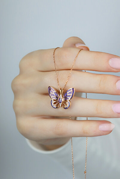 Coy Diamond Kelebek Kolye, 14 Ayar Altın Kolye, Mineli Kolye, Renkli Kolye, A...