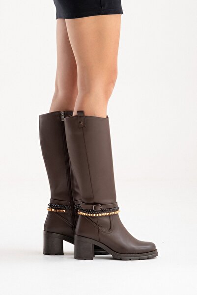 LuviShoes Viorra Brown Leather Strap Women's Thick Heeled Boots