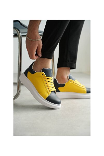 Lucy Shoes Yg-1907 Men's Lace-Up Casual Leather Fan Shoes Cbt - Yellow/Navy Blue
