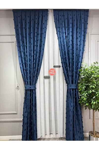 Perdenin Adresi İşlemeli Modern Lacivert Ponpon Fon Perde Seyrek Pile Tek Kan...