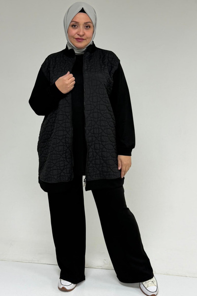 Eslina 57304 Plus Size Jacketed Modal-Quilted Three-Piece Set - Black-Black