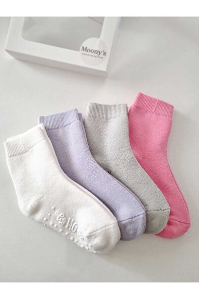 Moonys Socks Collection Girl's Plain Terry Socks Set - 4-Piece with Non-Slip Soles