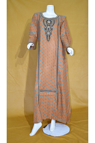 Zainah Jallabiya Embroidered & Printed / Kaftan Maxi Dress | V-Neck, Flared Sleeves & Metallic Finish